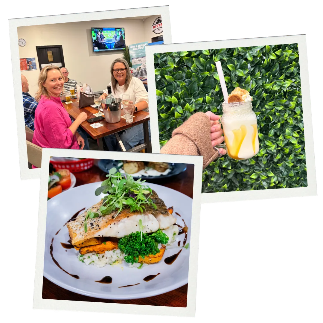 Members dining in the bistro, a loaded milkshake, and a fish dish on risotto